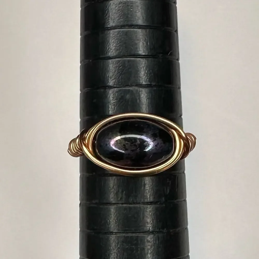 Copper ring Dark glass bead Handmade wire wrap size 7